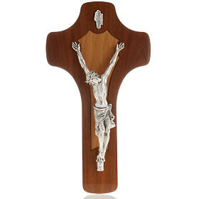 Crucifix en bois acajou, corps métal argenté
