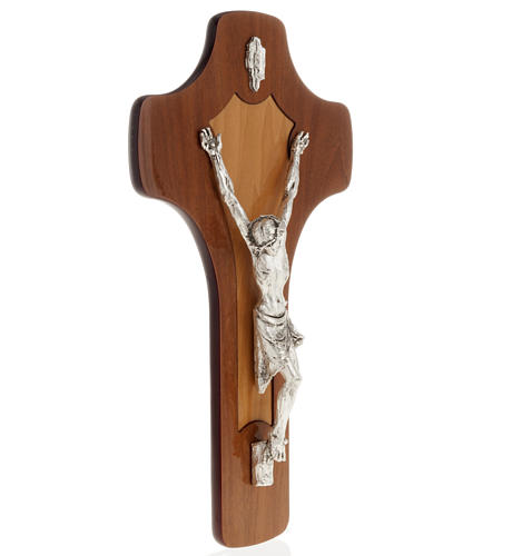 Crucifix en bois acajou, corps métal argenté 4