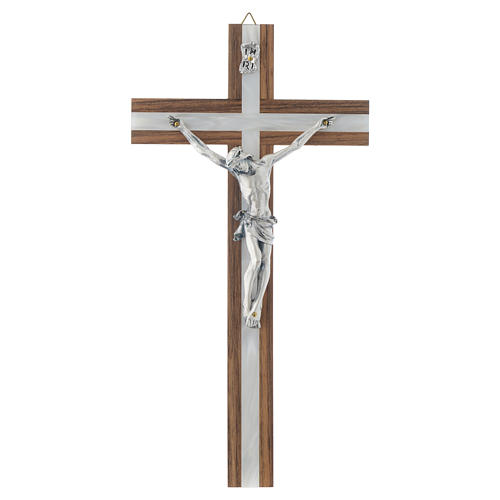 Crucifixo madeira escura e metal elemento embutido imitação madrepérola 1