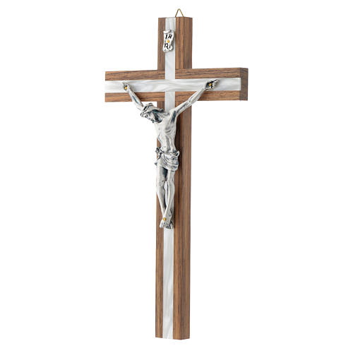 Crucifixo madeira escura e metal elemento embutido imitação madrepérola 2