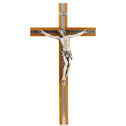 Crucifixo madeira nogueira e alumínio corpo metal prateado 1