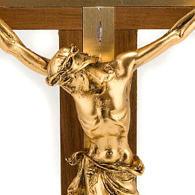 Krucyfiks drewno orzechowe jasne alumnium ciało Chrystusa metal pozłacany.