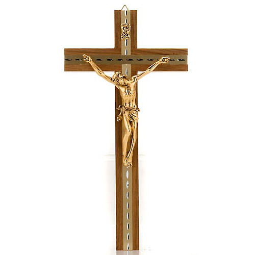 Crucifix in light walnut wood and aluminium with golden metal bo 1