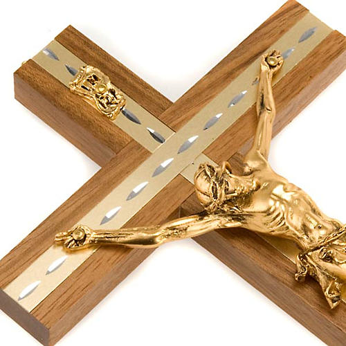 Crucifix in light walnut wood and aluminium with golden metal bo 3