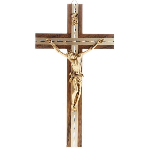 Crucifix, golden metal in walnut wood and aluminium 1