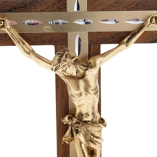 Crucifix, golden metal in walnut wood and aluminium 2