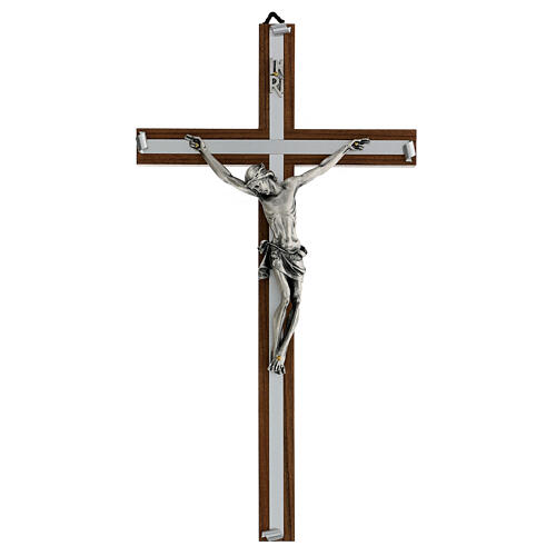 Crucifixo madeira de nogueira metal prateado alumínio 1