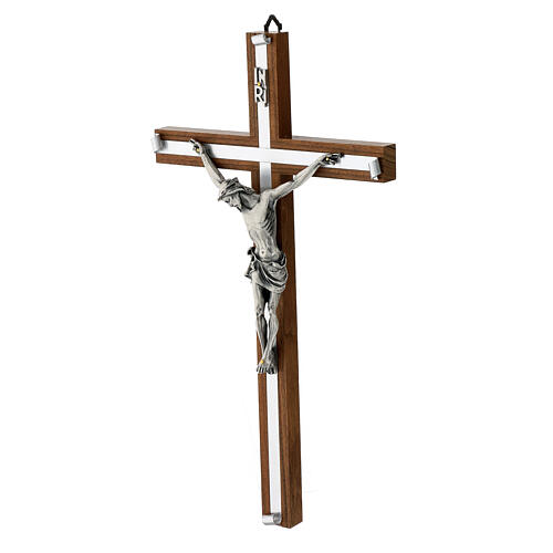 Crucifixo madeira de nogueira metal prateado alumínio 3