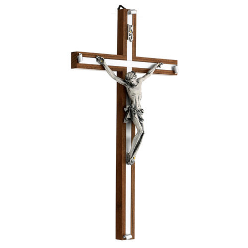Crucifixo madeira de nogueira metal prateado alumínio 4