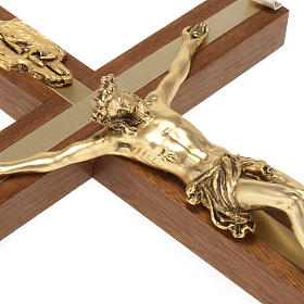 Crucifix in walnut wood, golden metal and aluminium