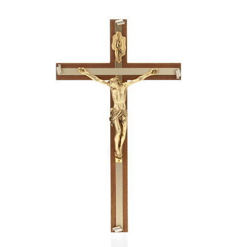 Crucifixo madeira nogueira metal dourado parte embutida alumínio 1