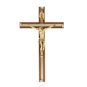Crucifix in walnut wood, golden metal and aluminium