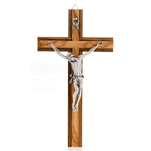 Crucifix, in walnut wood with inserts in olive and metal Christ's body 1
