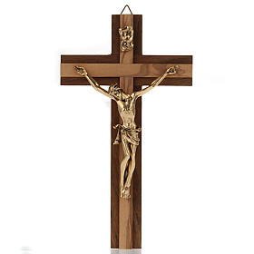Krucyfiks drewno orzechowe ze wstawkami z drewna oliwkowymi ciało Chrystusa metal pozłacany.