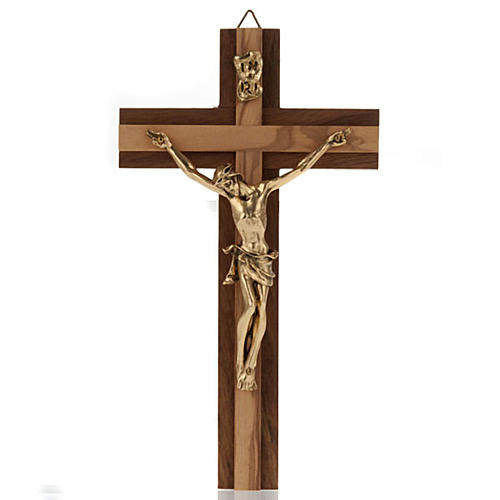 Krucyfiks drewno orzechowe ze wstawkami z drewna oliwkowymi ciało Chrystusa metal pozłacany. 1