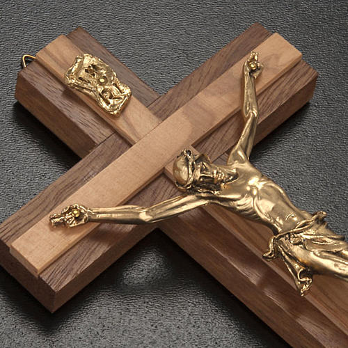 Crucifix in walnut wood, inserts in olive wood and golden metal 2