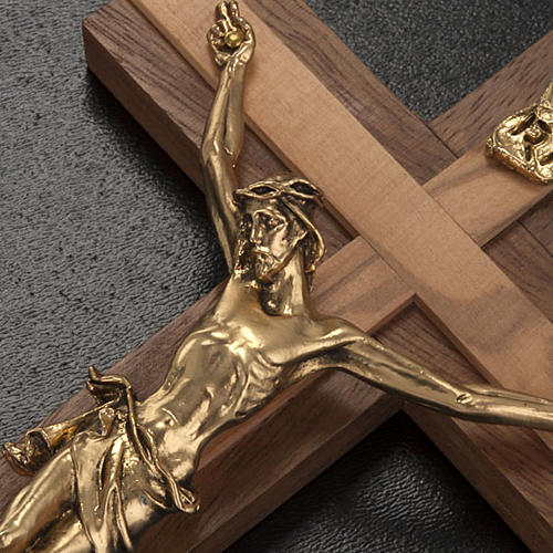 Crucifix in walnut wood, inserts in olive wood and golden metal 3