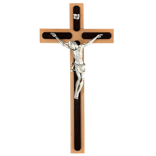 Crucifijo de madera de wengé y fagus, cruz en metal plateado 1