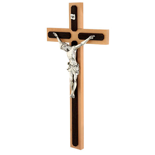 Crucifijo de madera de wengé y fagus, cruz en metal plateado 3