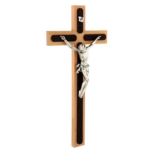 Crucifijo de madera de wengé y fagus, cruz en metal plateado 5