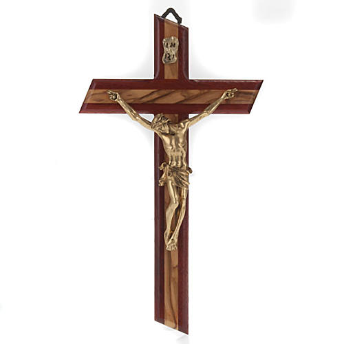 Crucifix in padouk and olive wood, with golden metal Christ's body 1