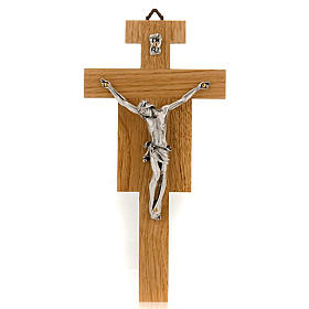Crucifix bois de chêne, corps argenté 23 cm