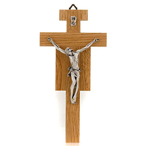 Crucifix bois de chêne, corps argenté 23 cm 1