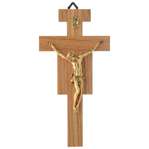 Crucifix in oak wood with golden body 20cm 1