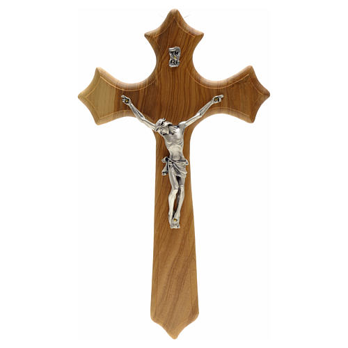 Crucifijo de madera de olivo tres puntas, cuerpo en metal 1