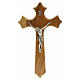 Crucifijo de madera de olivo tres puntas, cuerpo en metal s1