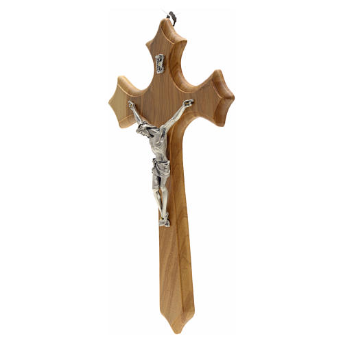 Crucifix bois d'olivier, trois pointes, corps métal 2