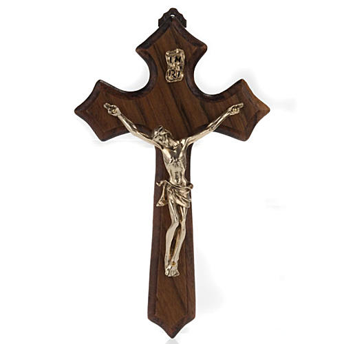 Crucifix bois de noix, trois pointes, corps métal dor&eac 1