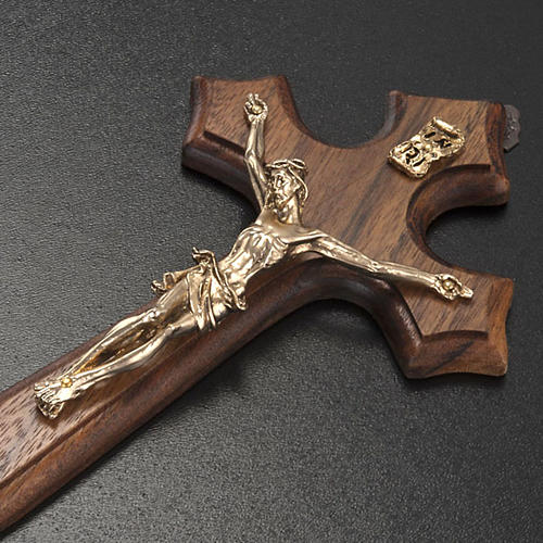 Crucifix bois de noix, trois pointes, corps métal dor&eac 3