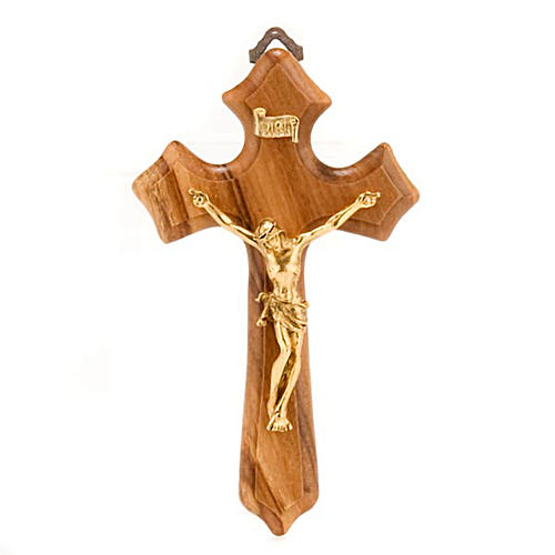 Crucifix bois d'olivier trois pointes, corps métal 1