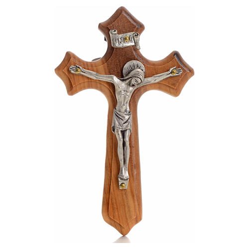 Krzyż drewno oliwne potrójne zakończenie ramion, ciało Chrystusa metal posrebrzany 1