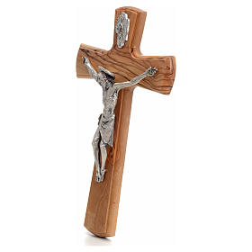 Crucifix with Christ's body in silver metal on olive wood cross 30cm