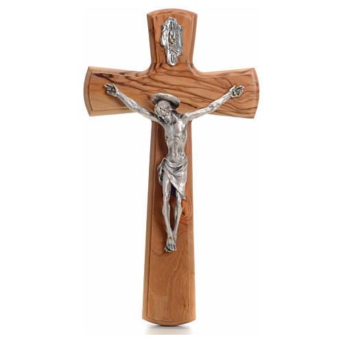 Crucifix with Christ's body in silver metal on olive wood cross 30cm 1