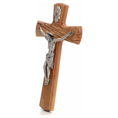 Crucifix with Christ's body in silver metal on olive wood cross 30cm 2