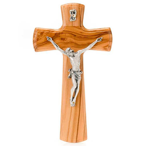 Kruzifix aus Olivenholz und Metall mit Rand. 1