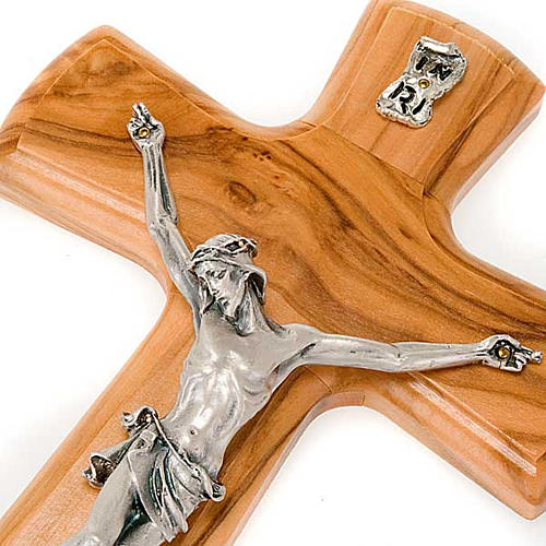 Crucifix, Christ's body in silver metal and olive wood cross 3