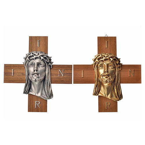 Cruz de madera nogal rostro de Jesús en metal 5