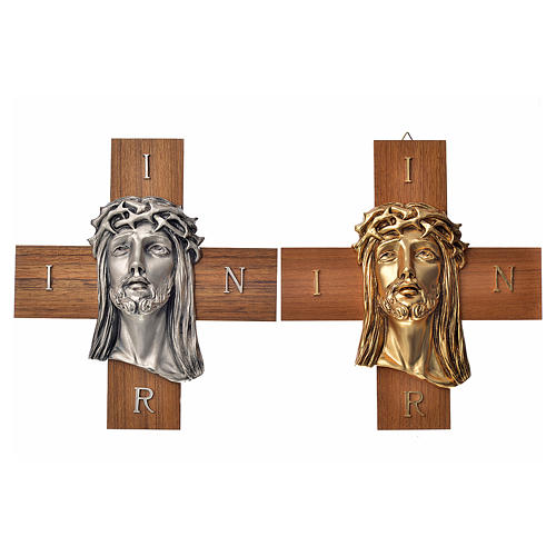 Cruz de madera nogal rostro de Jesús en metal 1