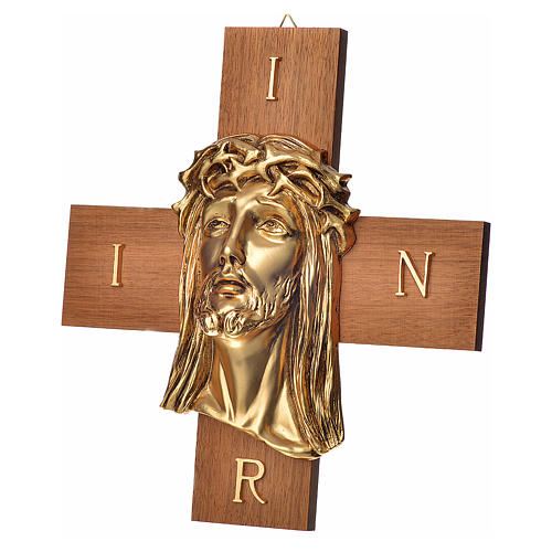 Cruz de madera nogal rostro de Jesús en metal 3