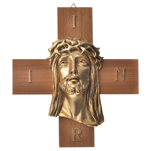 Cruz de madera nogal rostro de Jesús en metal 1