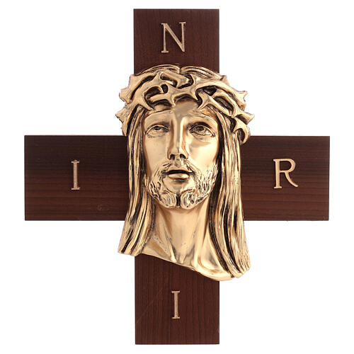 Cruz de madera nogal rostro de Jesús en metal 5