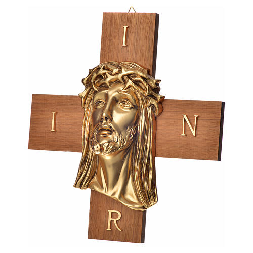 Cruz madeira nogueira rosto de Cristo metal 7