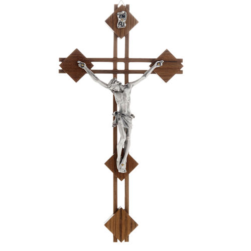 Crucifix stylisé, bois de noix, corps argenté 1