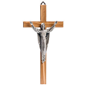Cruz estilizada de caoba, cuerpo de Jesús plateado