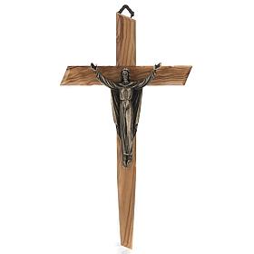Crucifix bois d'olivier, Christ ressuscité bronze