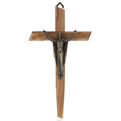 Crucifix bois d'olivier, Christ ressuscité bronze 1